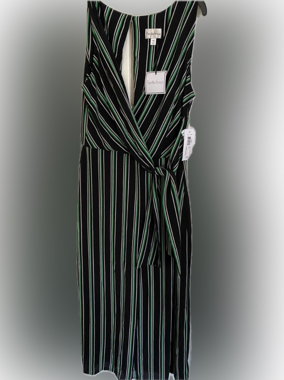 Black Striped Wrap Jumpsuit with Green & White Stripes size 10